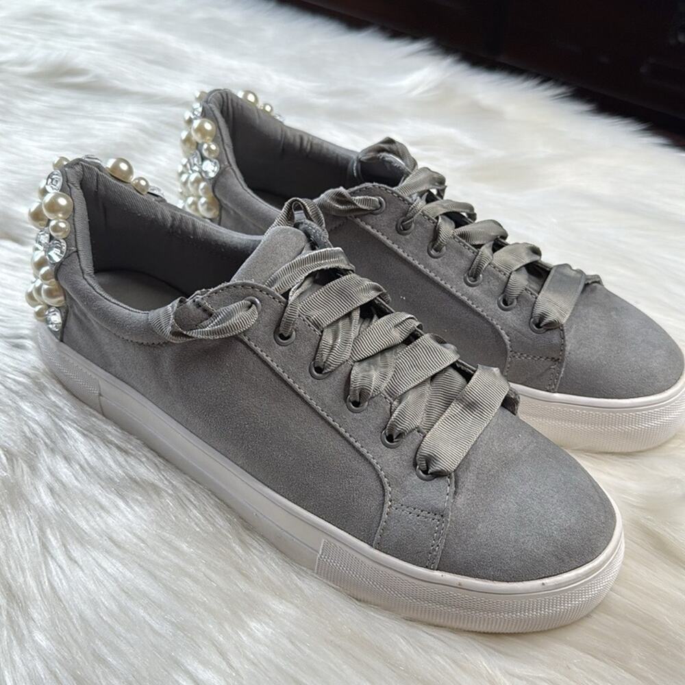 Steve Madden Gray Grit Pearl and Rhinestone Embellished Platform Sneakers